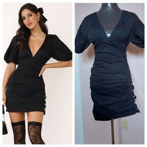 Free People Ruched Mini Dress Cotton XS Puff Sleeve Coquette Dark Feminine